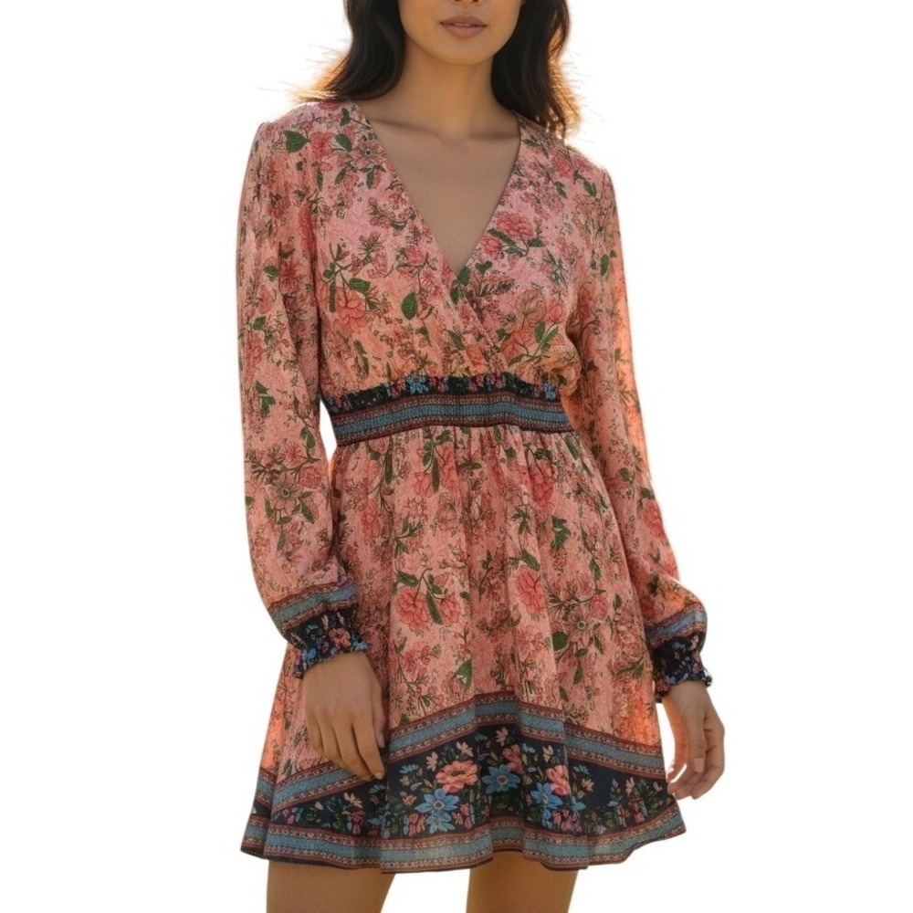 Miss Sparkling Boho Floral Dress 2XL Pink Coral Rayon Wrap Cottagecore Mini